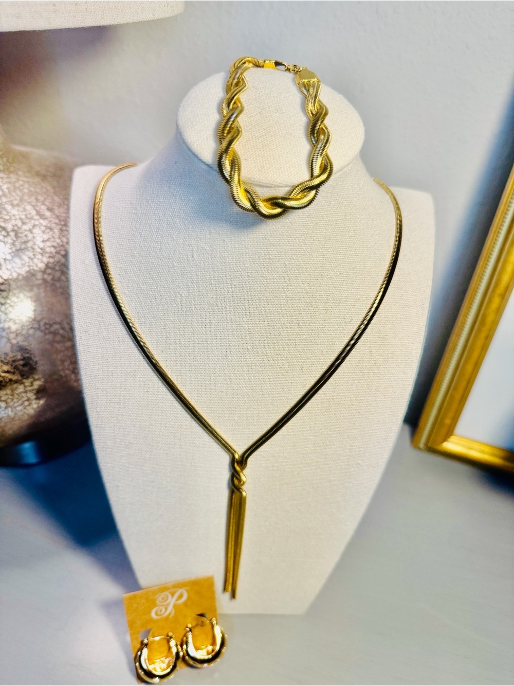 Plunder Gold Tassel Lariat Necklace with Matching Hoop Earrings and Bracelet